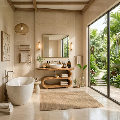 Contemporary bathroom console with flowing shelf design and sink for spa like interiors