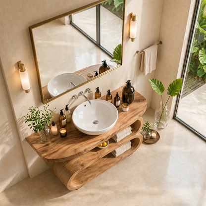 Elegant bathroom vanity with curved base shelf and vessel sink for modern spaces