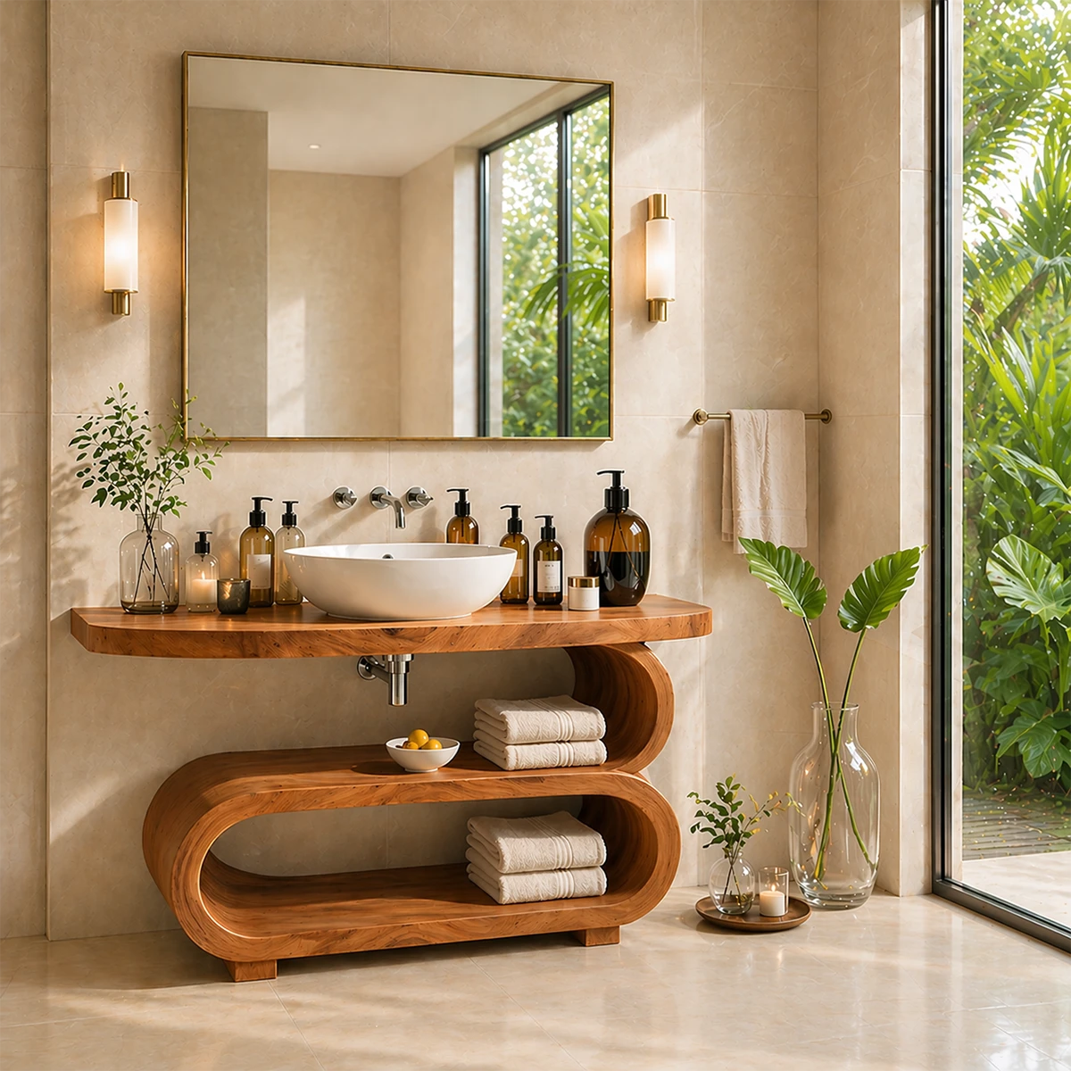 Minimal bathroom setup with organic shelf vanity and functional storage under sink
