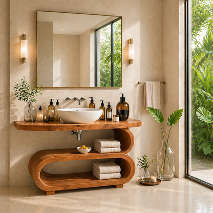 Minimal bathroom setup with organic shelf vanity and functional storage under sink