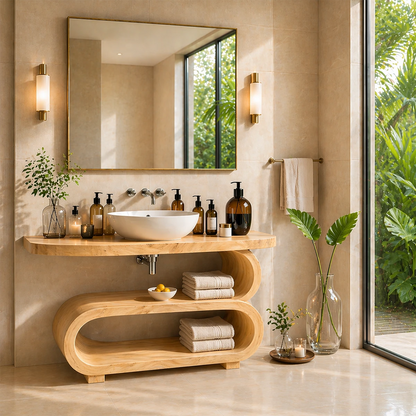 Designer bathroom console with fluid shelf form and integrated sink for interiors