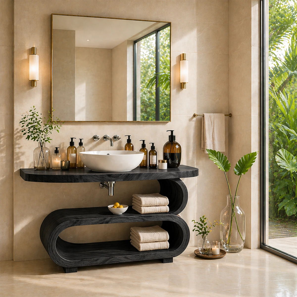 Stylish bathroom vanity featuring curved storage shelf and modern sink arrangement