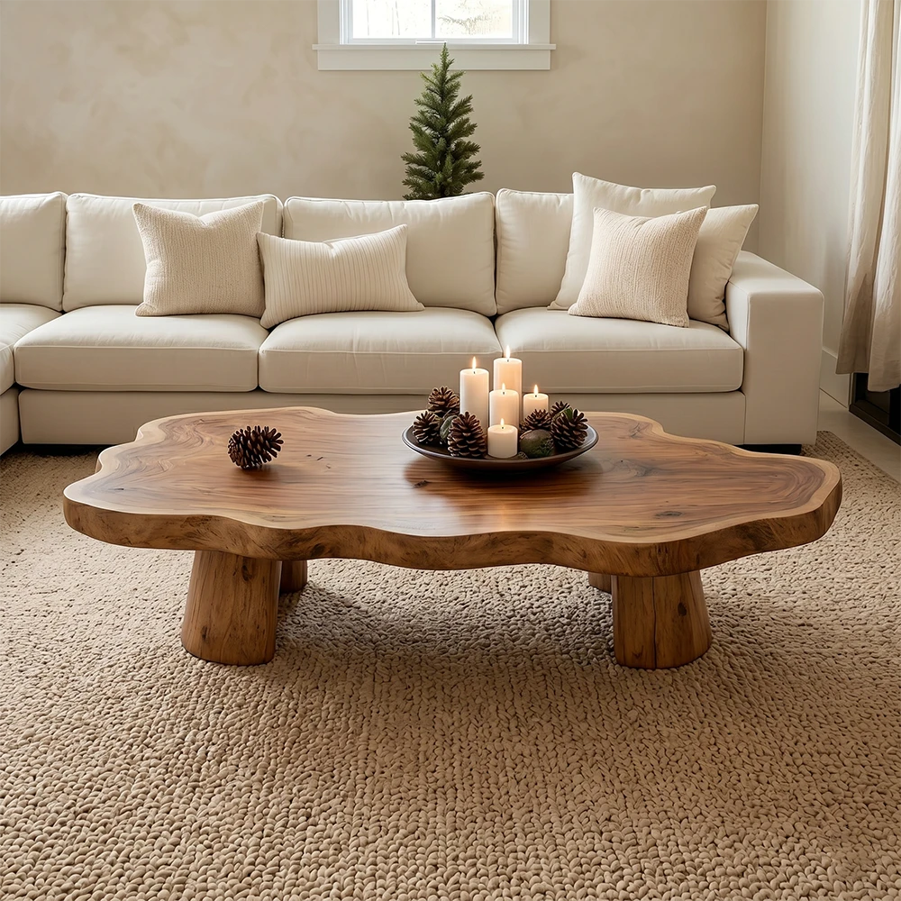 Beige sectional sofa with a wooden coffee table in a living room setting.