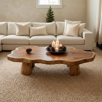 Beige sectional sofa with a wooden coffee table in a living room setting.