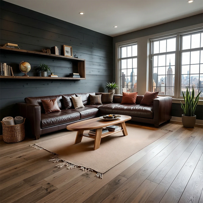 Coffee table in brown color finish with flowing base design and rounded edges in a bright interior setting