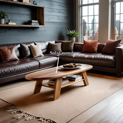 Coffee table in brown color with artistic base design and soft curves in a bright modern interior space