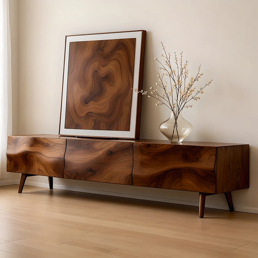 Modern brown TV stand with organic grain pattern and clean lines in a bright minimalist living room