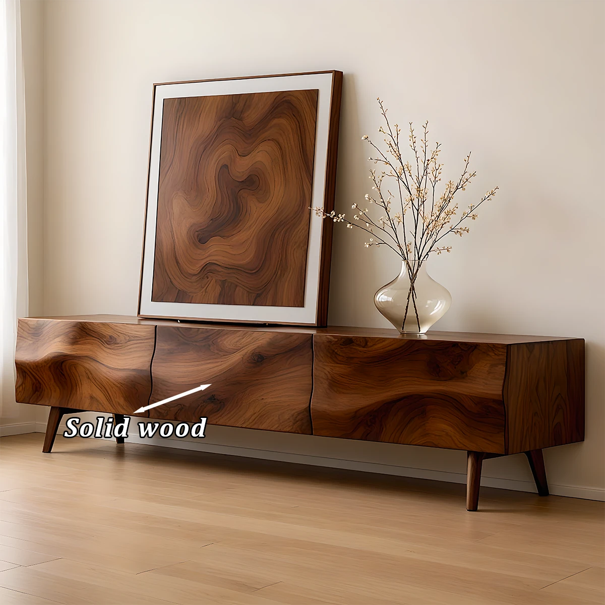 Modern TV stand with brown finish and organic texture design in a soft neutral interior