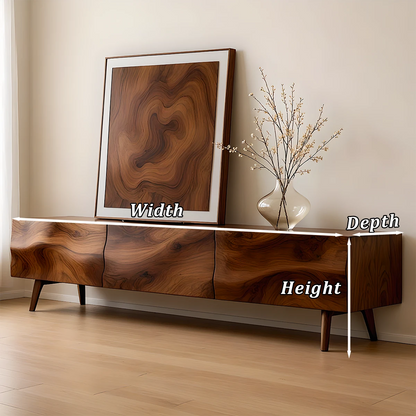Modern TV stand with brown finish and organic texture design in a soft neutral interior