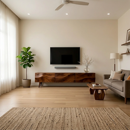 Brown finish TV stand with flowing wood look texture and sleek design in a contemporary interior