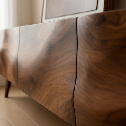 Modern TV stand in brown finish with natural grain pattern and low profile in a calm living space