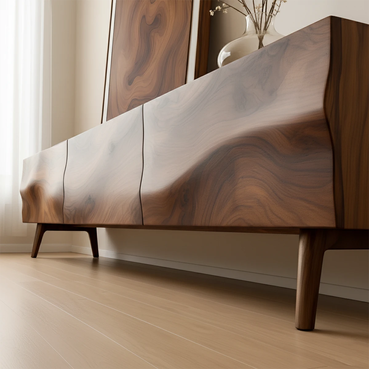 Brown TV stand with smooth surface and organic grain detail in a modern minimalist interior