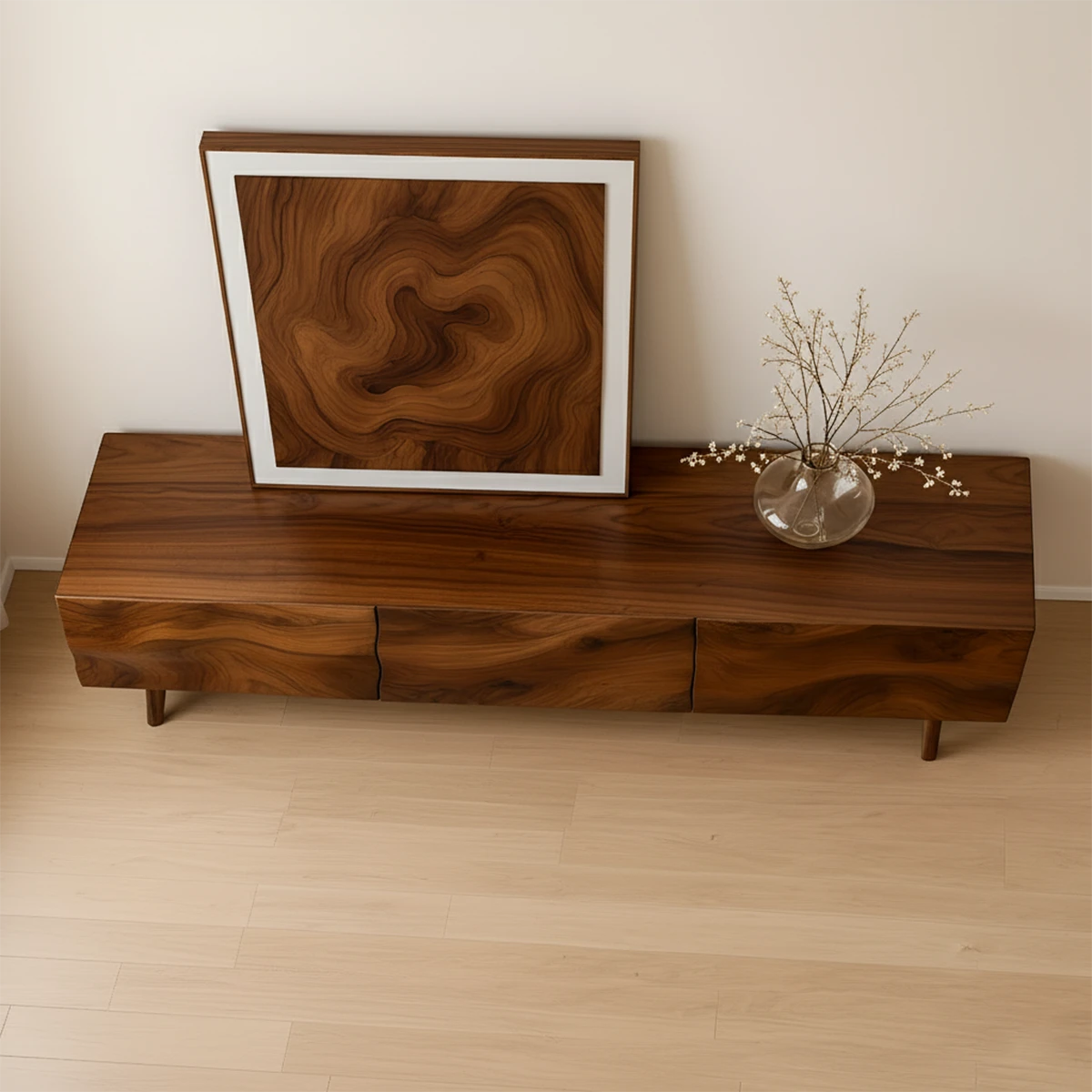 Contemporary TV stand in brown finish with sculptural front panels and clean silhouette