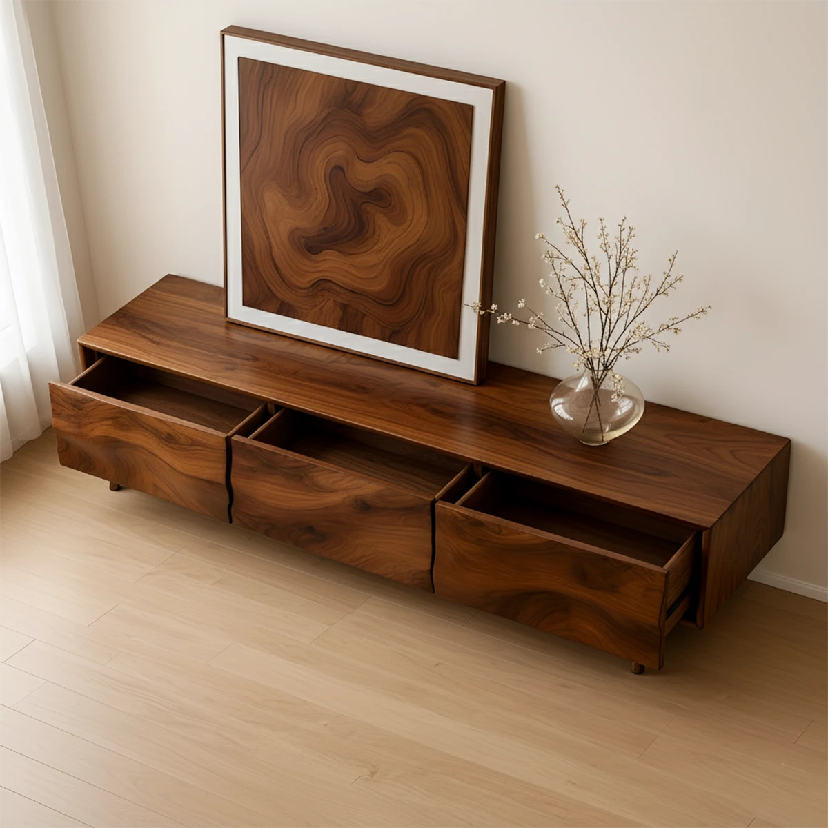 Brown finish TV stand with rich grain pattern and low modern design in a bright neutral space