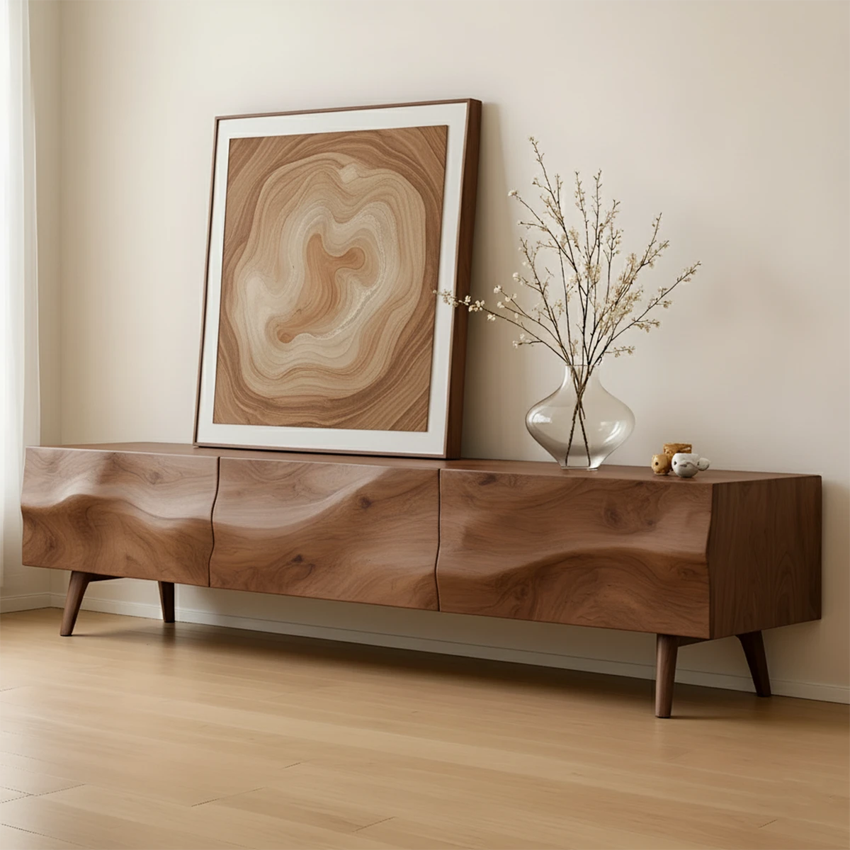 Modern walnut TV stand with seamless cabinet design and organic wood look texture