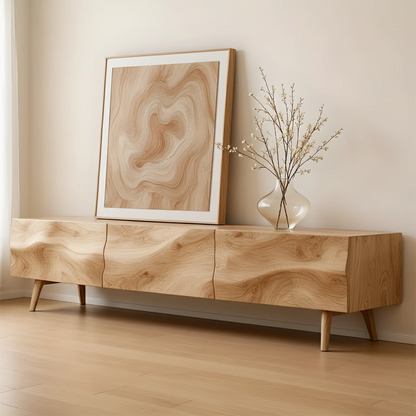 TV stand in oak finish with natural grain visual and minimalist form in a warm interior