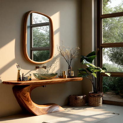 Modern bathroom with brown wood bathroom vanity and glass vessel sink.