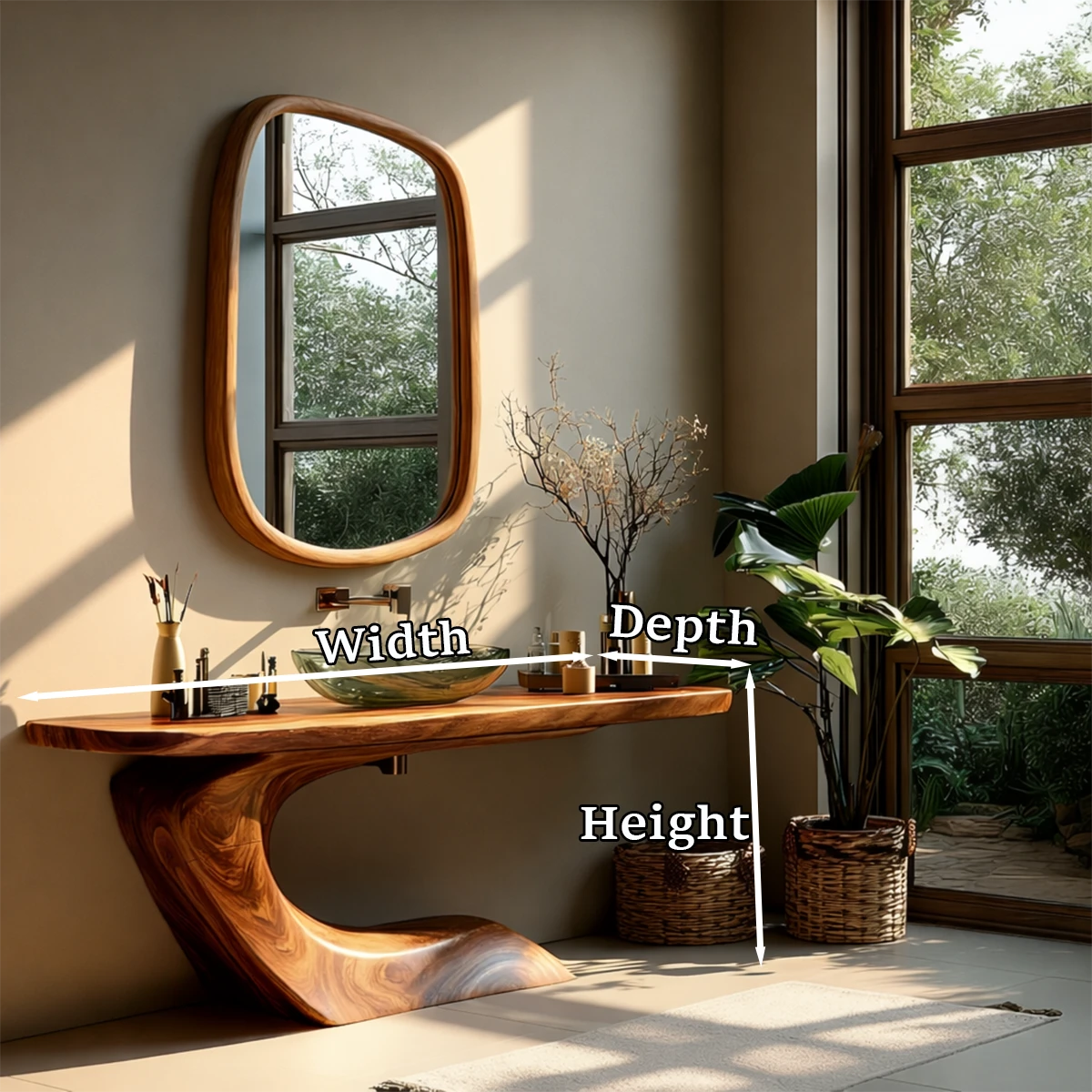 Contemporary space with organic wood bathroom vanity and vessel sink.