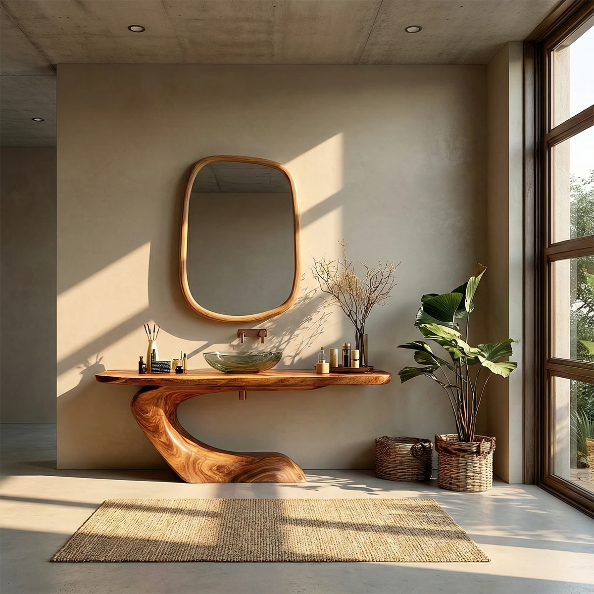 Elegant interior featuring solid wood bathroom vanity with curved base.