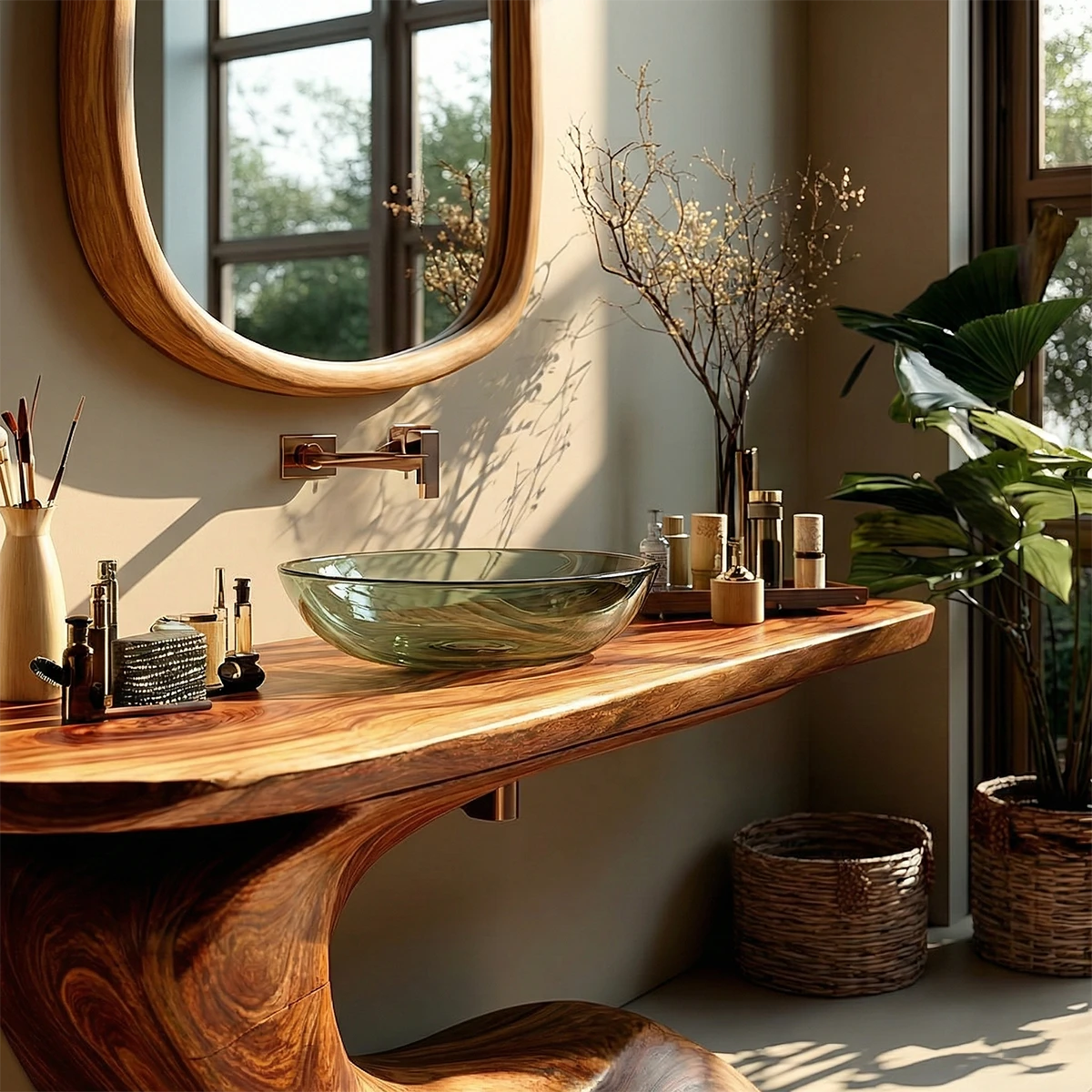 Minimal space with brown bathroom vanity cabinet and wall mirror.