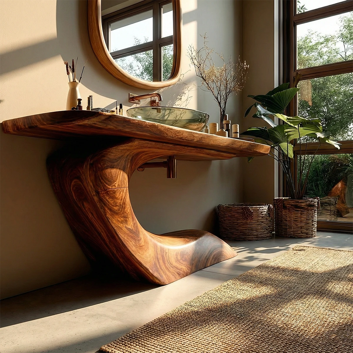 Contemporary bathroom with natural wood sink vanity and sunlight.