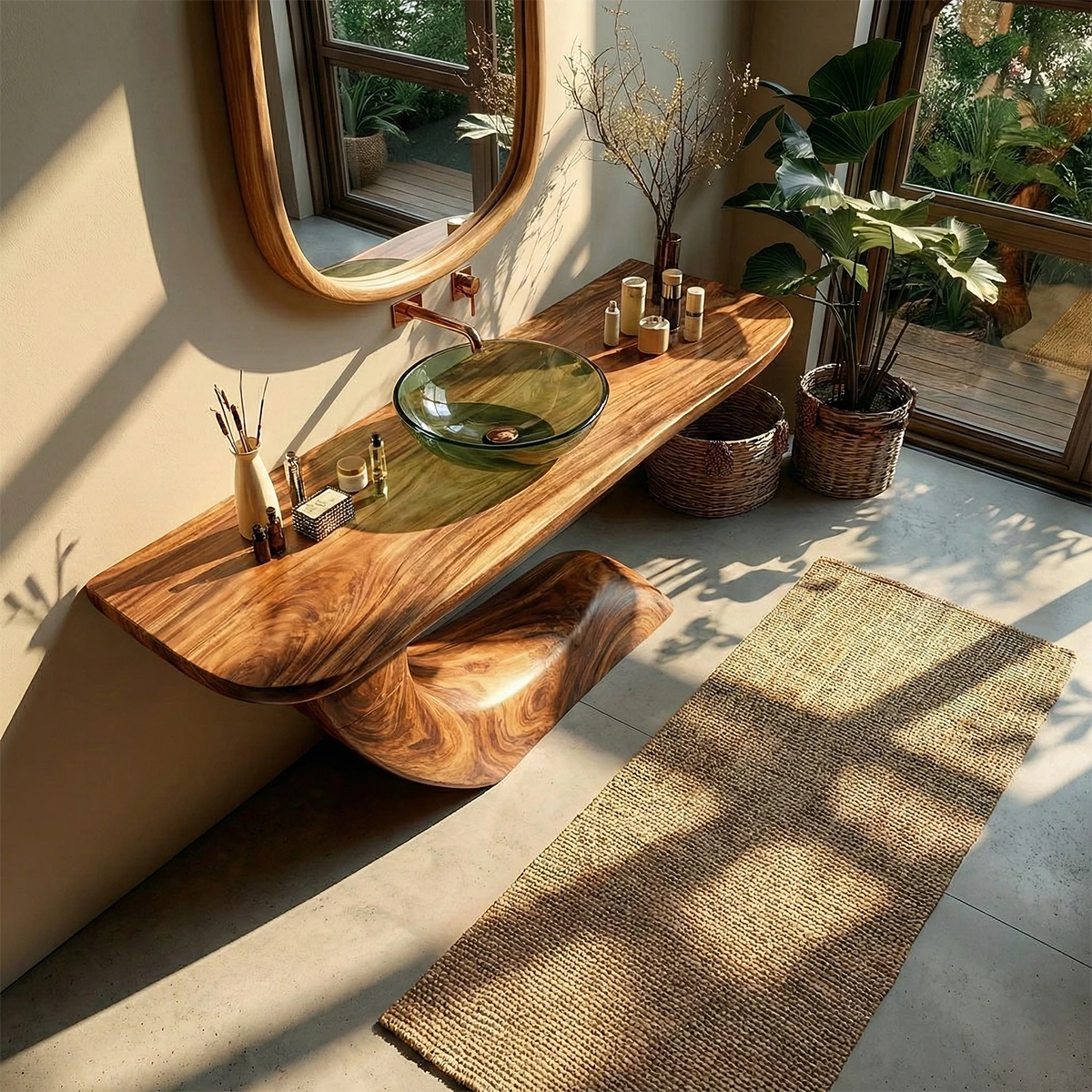 Warm interior design with modern wood bathroom vanity and decor.