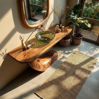 Warm interior design with modern wood bathroom vanity and decor.