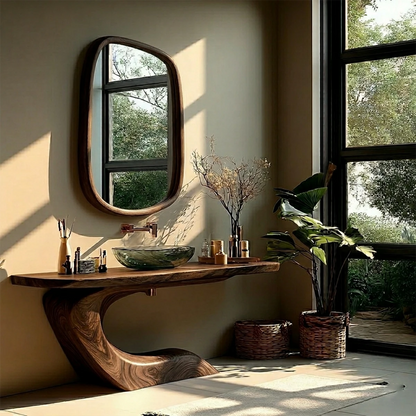 Stylish bathroom setup with brown wooden vanity unit and glass basin.