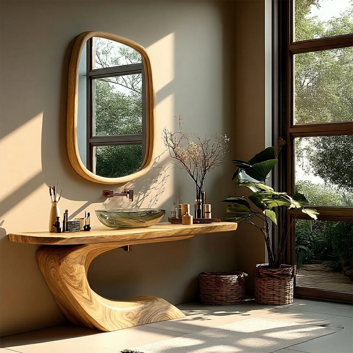Minimalist bathroom featuring designer wood bathroom vanity.