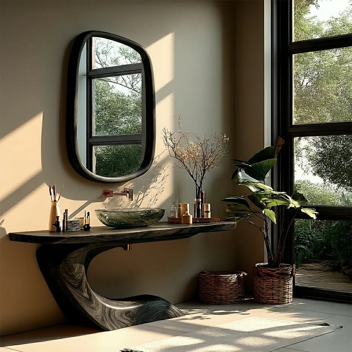 Natural style bathroom with solid wood sink cabinet and curved design.