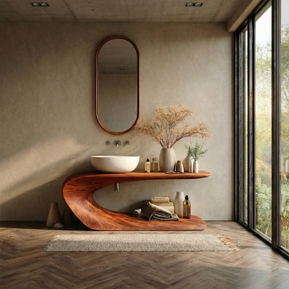 Brown wooden vanity table with sculpted storage shelf
