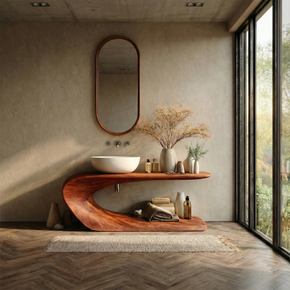 Brown wooden vanity table with sculpted storage shelf