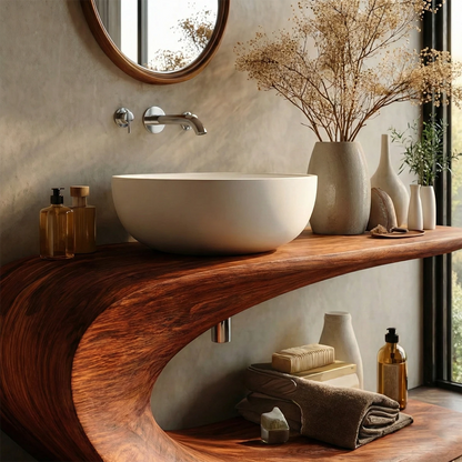 Contemporary brown wood bathroom vanity curved design