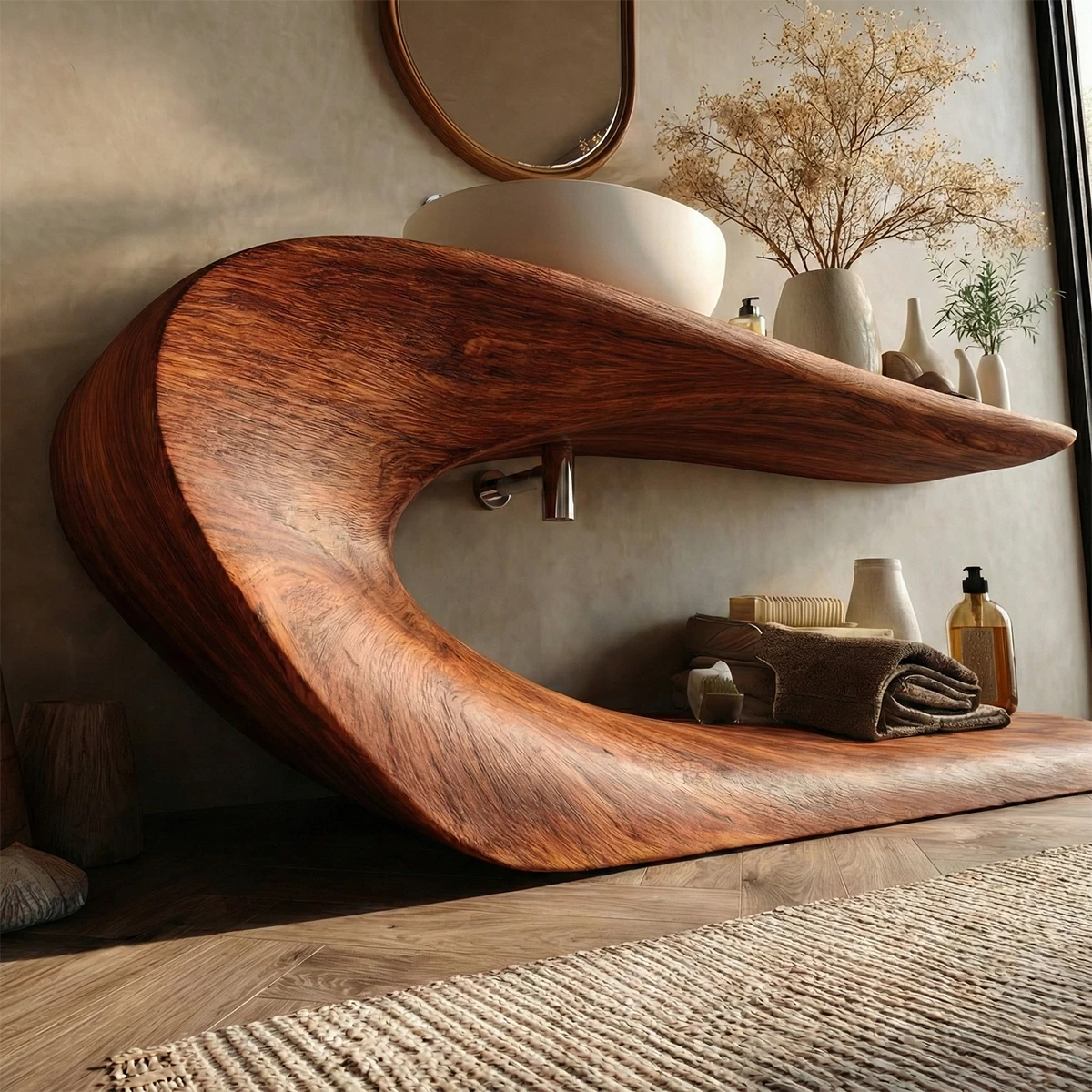 Minimalist brown vanity with integrated lower shelf