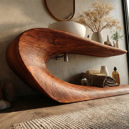 Minimalist brown vanity with integrated lower shelf