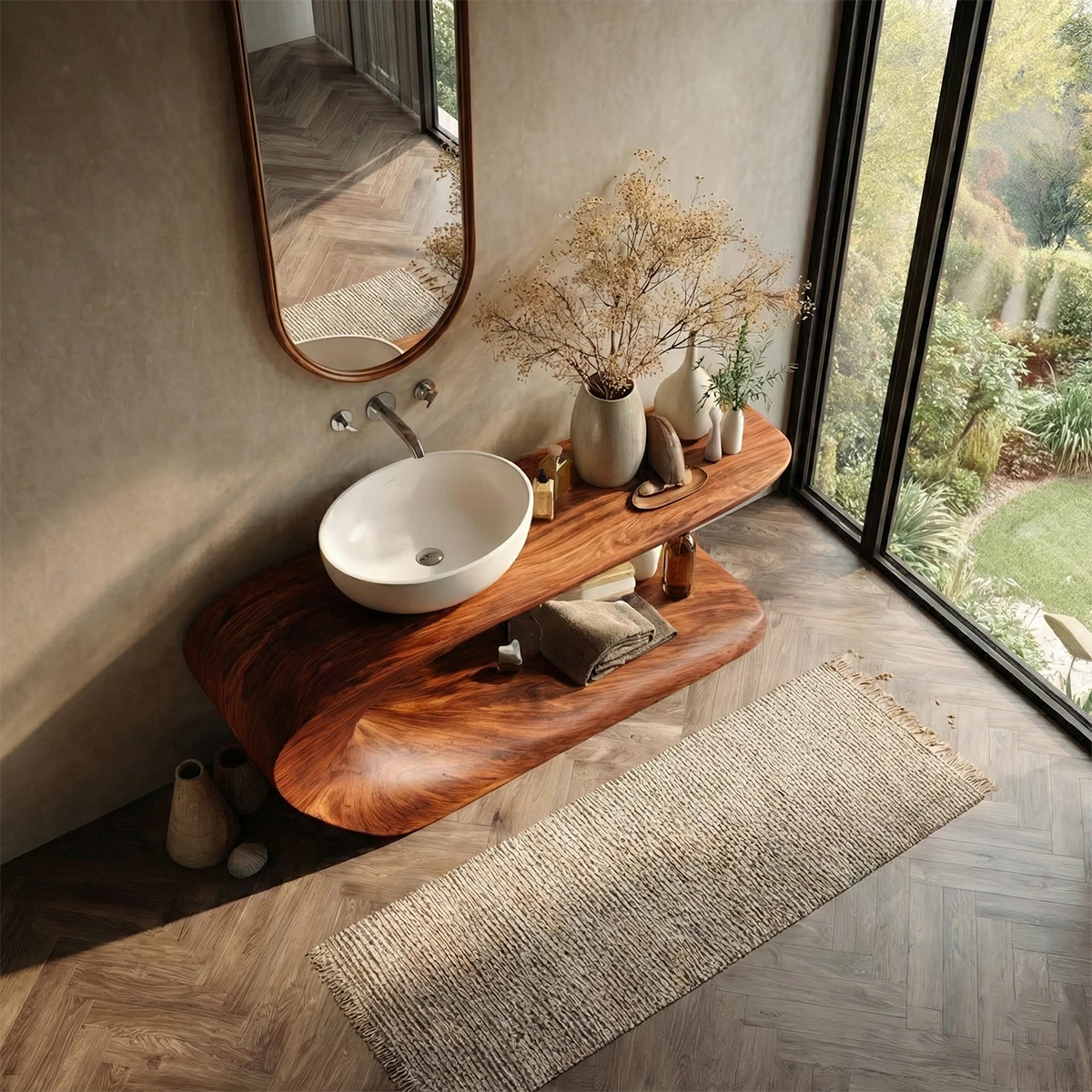 Elegant brown wooden bathroom vanity sculptural form