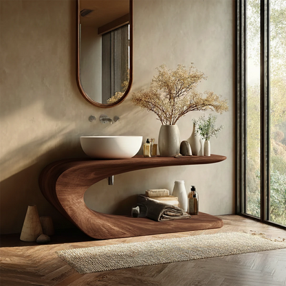 Designer brown wood vanity with smooth curved base