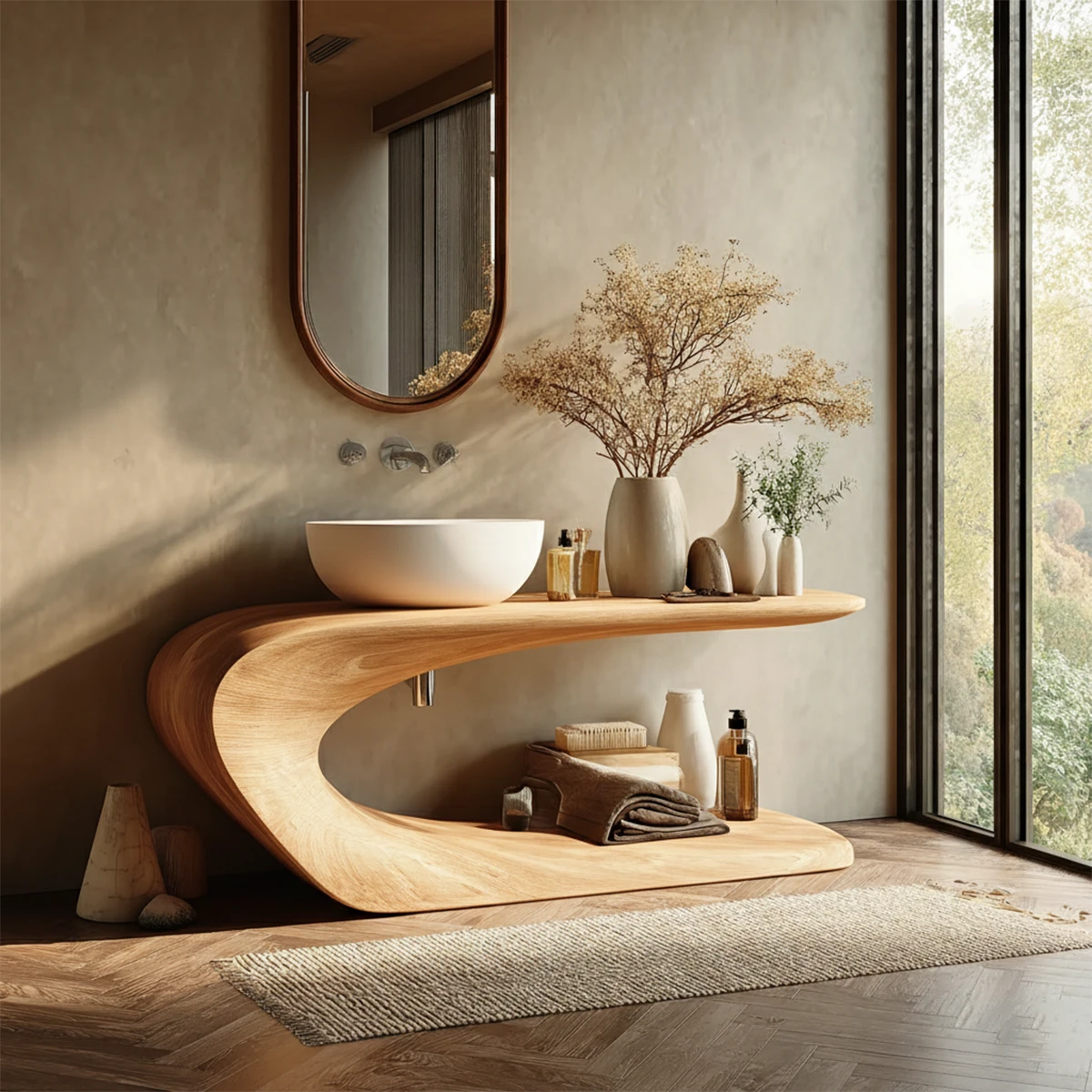 Luxury brown bathroom vanity with organic shelf design
