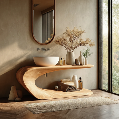 Luxury brown bathroom vanity with organic shelf design