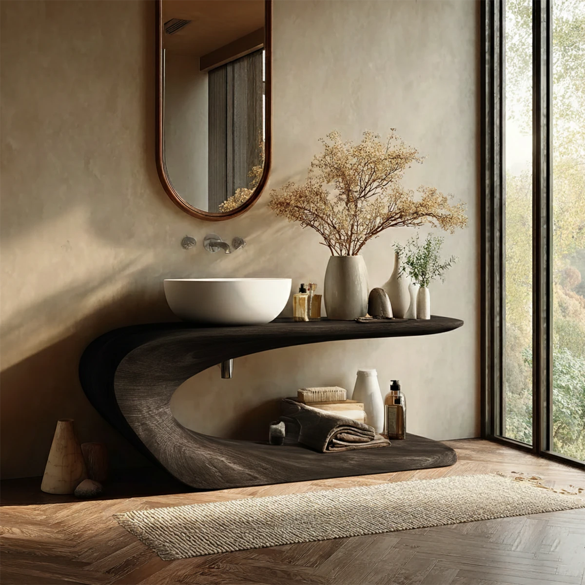 Artistic brown wooden vanity for modern bathroom
