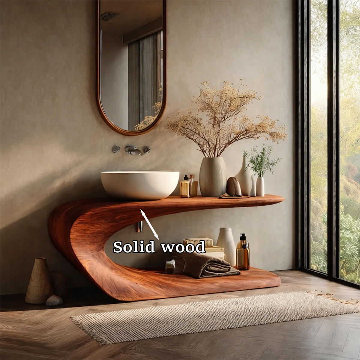 Floating style brown vanity with curved wood support