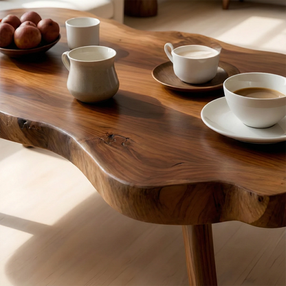 Organic brown wood coffee table with soft contour edges