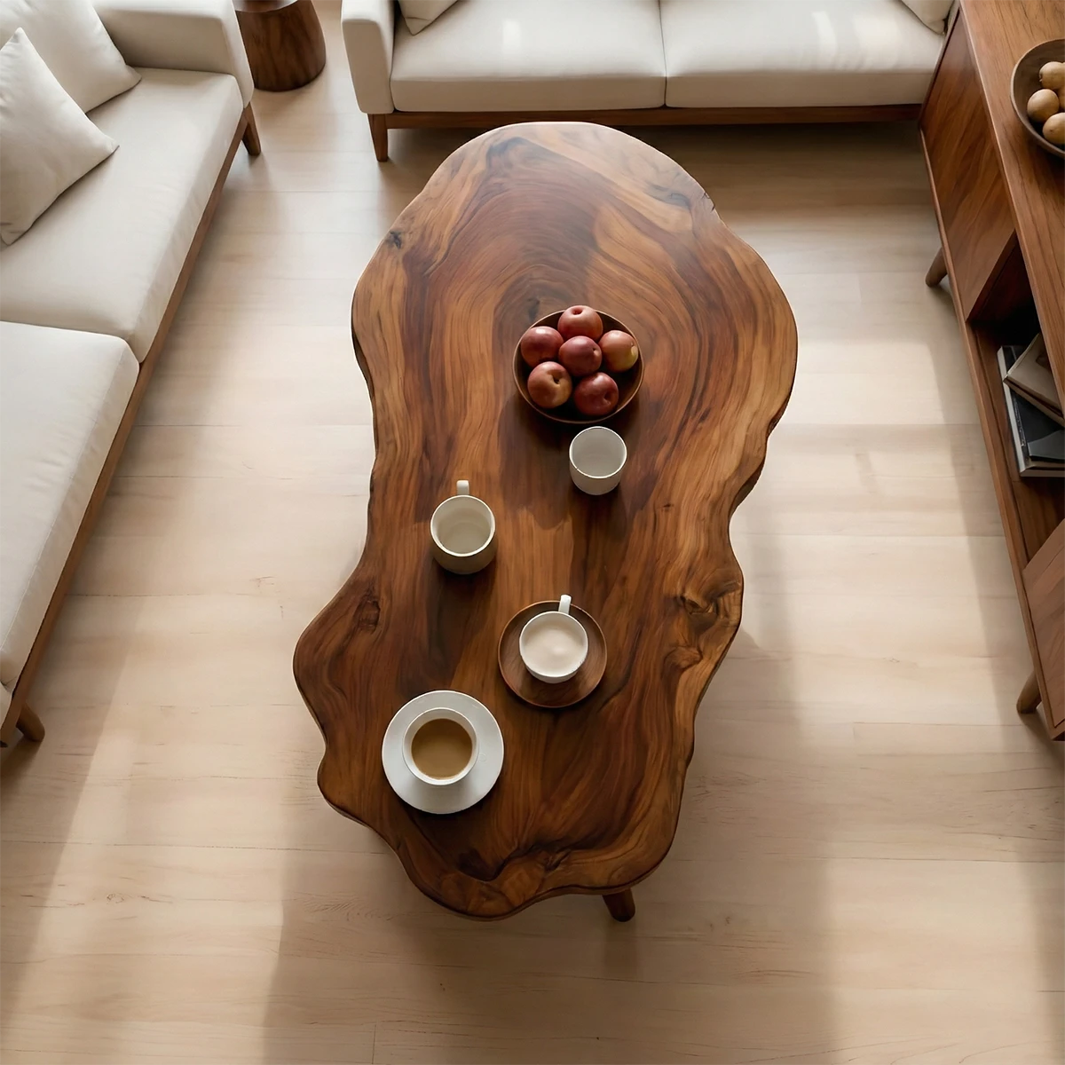 Brown coffee table with asymmetrical wood top shape