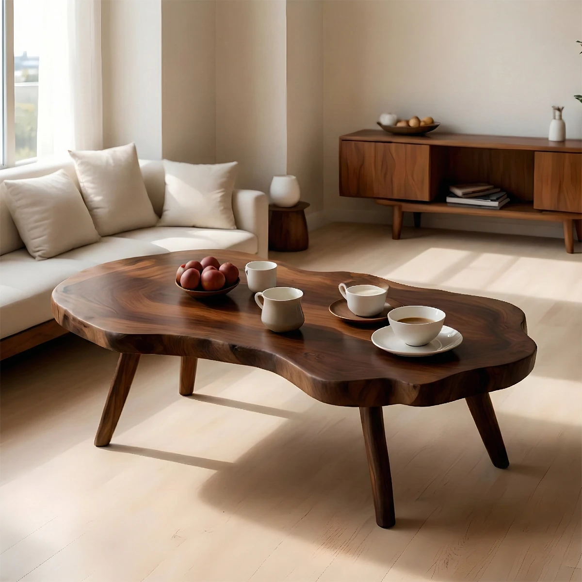 Contemporary brown wood table with smooth profile design