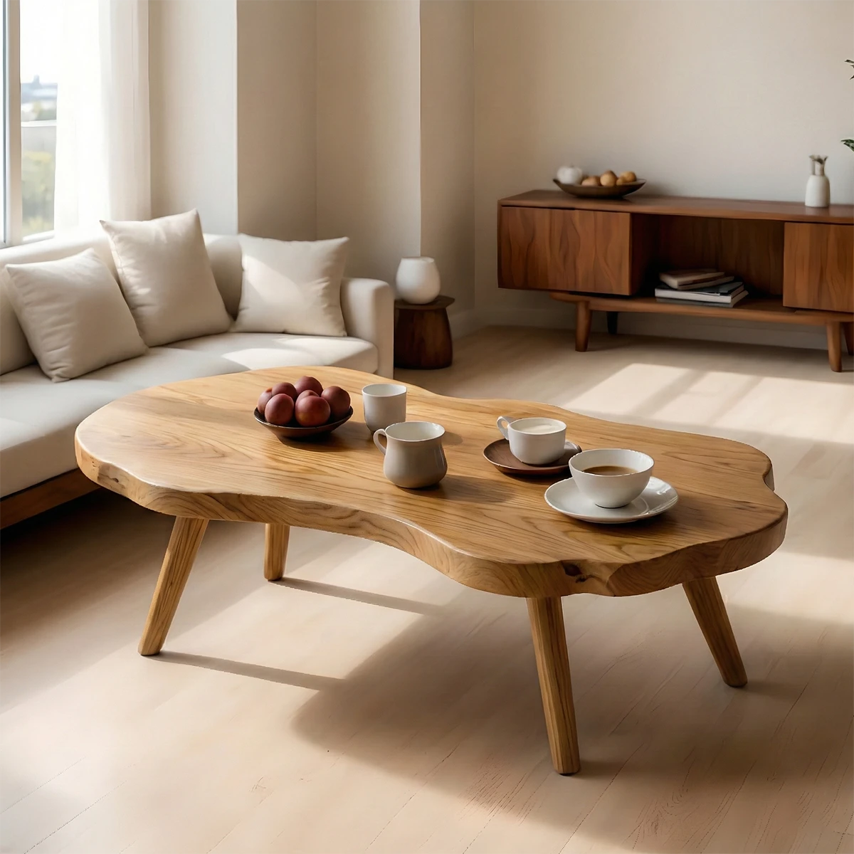 Handcrafted brown coffee table with contour wood base
