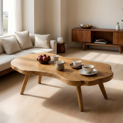 Handcrafted brown coffee table with contour wood base