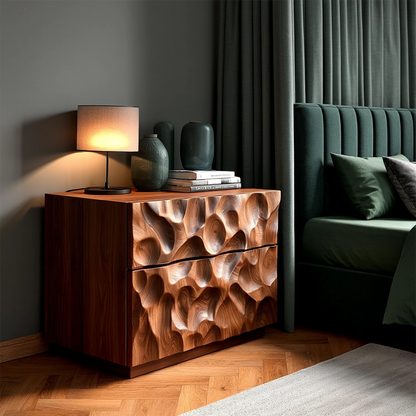 Modern carved nightstand with sculpted drawer fronts and smooth brown tone finish bedside décor