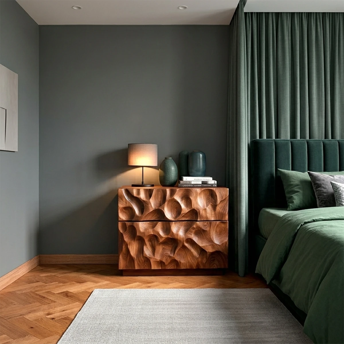 Contemporary bedside table featuring textured wood style surface and refined brown tone finish