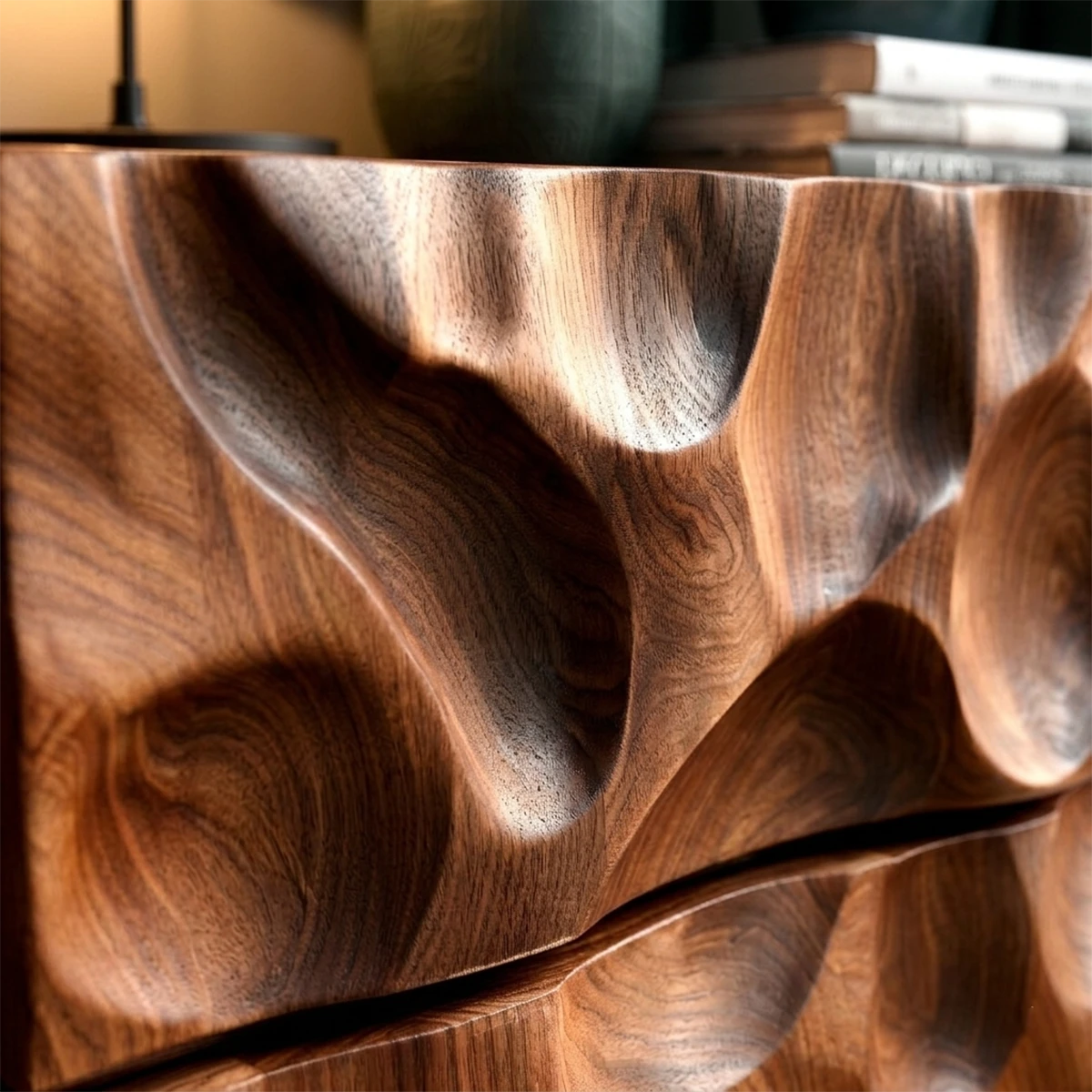 Stylish bedroom nightstand showcasing sculptural drawer pattern and polished brown tone finish