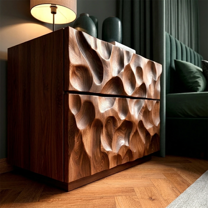 Decorative bedside cabinet featuring organic carved texture and rich brown tone finish detail